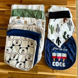 Copper Pearl burp clothes and assorted extra burp cloths/bibs